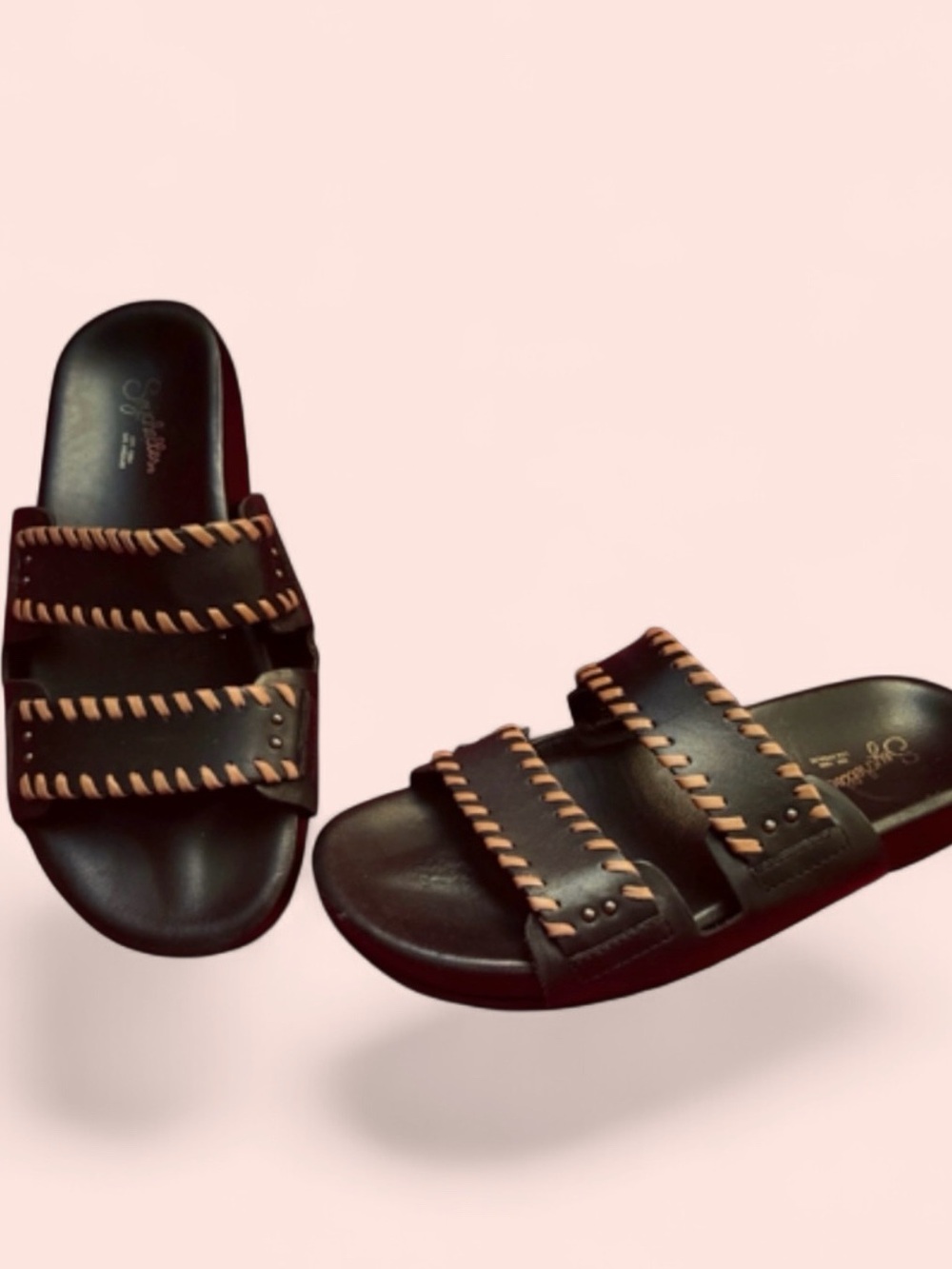 Seychelles Catch a Wave Slide Black and Brown Leather Sandals Women's Size 7